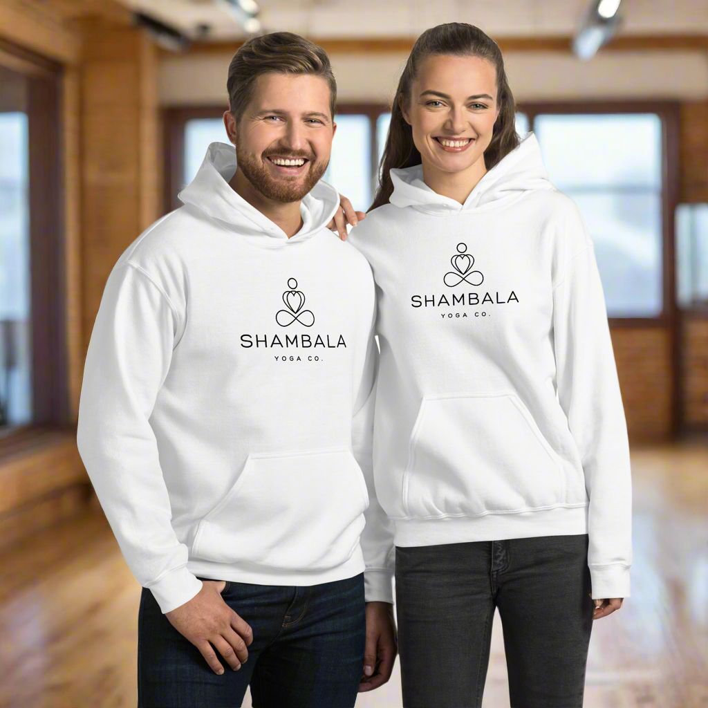Yoga man and woman standing in studio with Shambala Hoodie