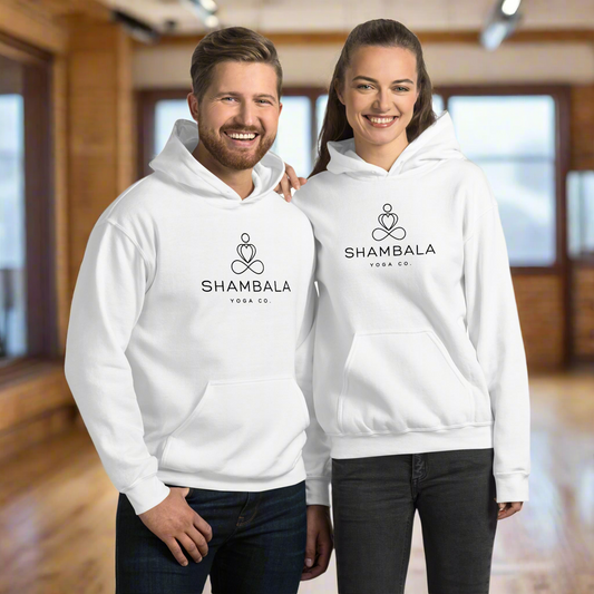 Yoga man and woman standing in studio with Shambala Hoodie 